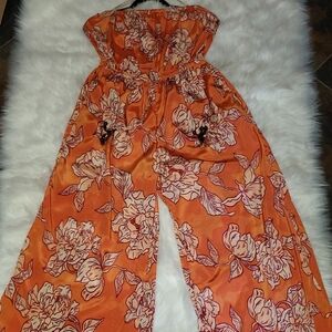 Strapless Orange Floral Wide-Leg Jumpsuit